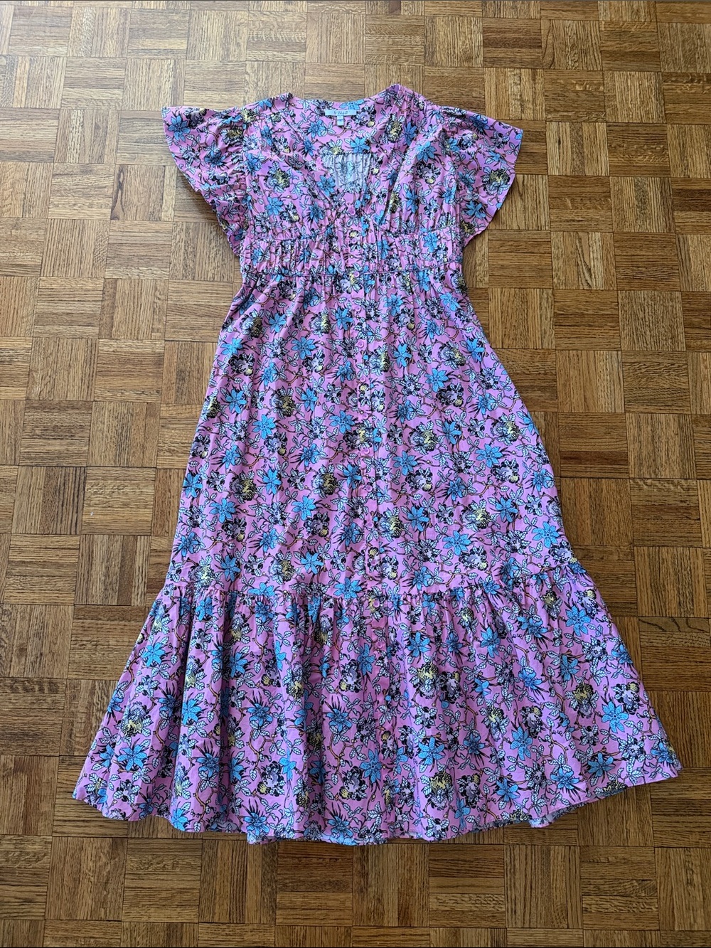 10 Crosby Derek Lam Pink Floral Print Dress with Blue and Yellow Accents